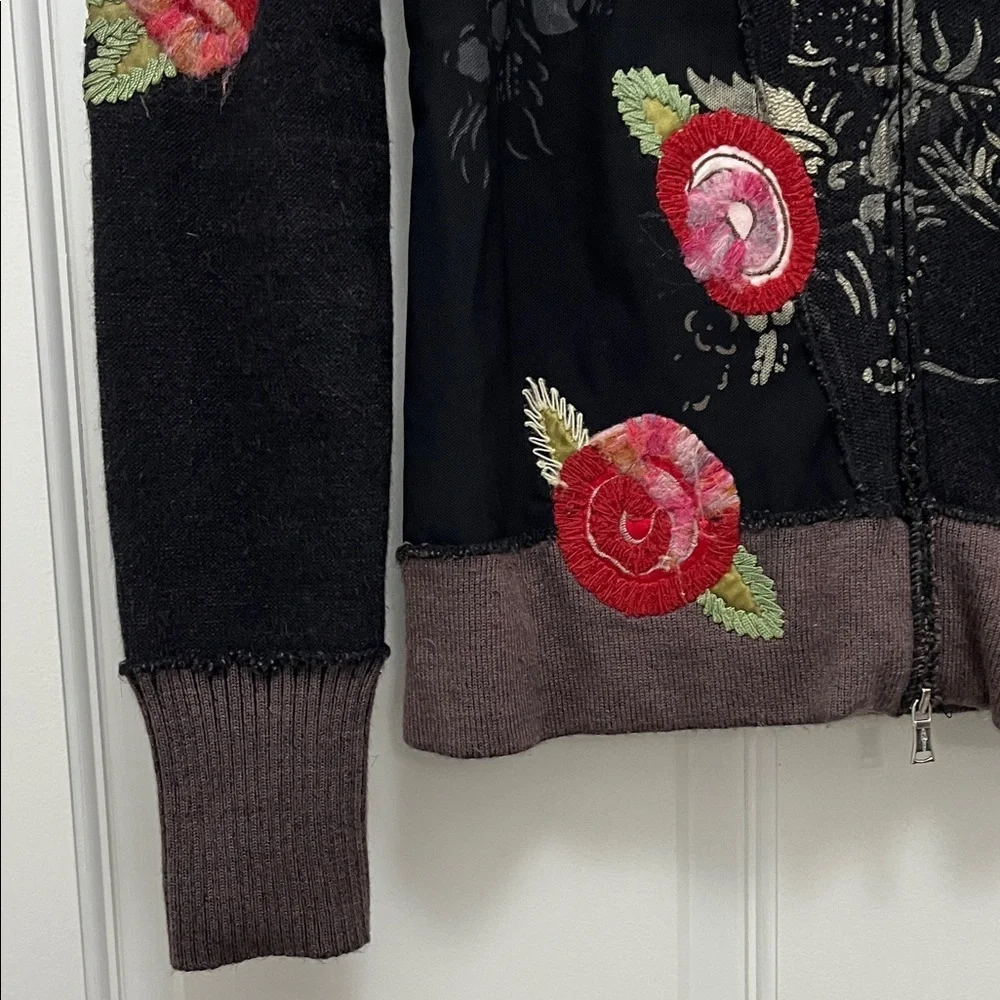 One Girl Who Black Floral Embroidered Full Front Zip Sweater - Size Small
